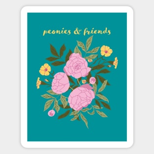 Peonies and friends green background Sticker